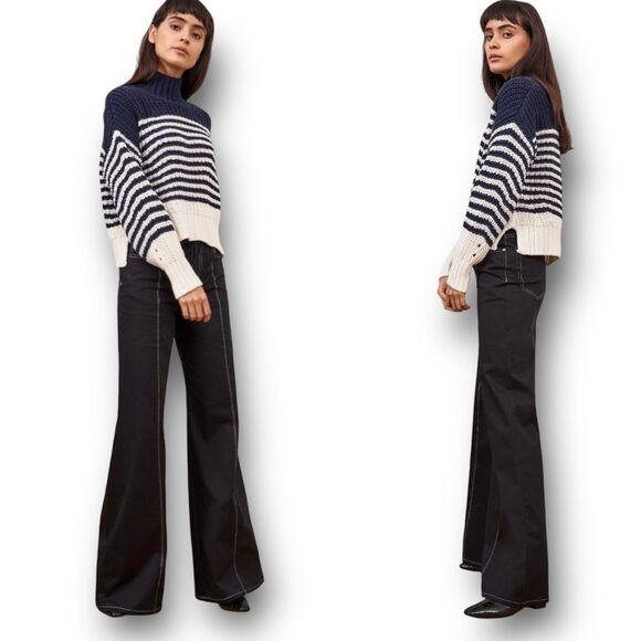 LA LIGNE Bretagne Striped Chunky Knit Wool Sweater Pullover iNAVY/CREAM  Size L - Picture 3 of 12